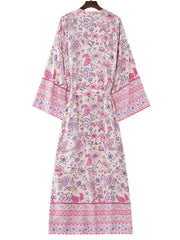 Beachwear Cotton Floral Print Pink Color Long Length Gown Kimono Duster Robe