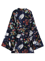 Night Wear Polyester Floral Print Dark-Blue Color Short Length Gown Robe Kimono Duster Robe