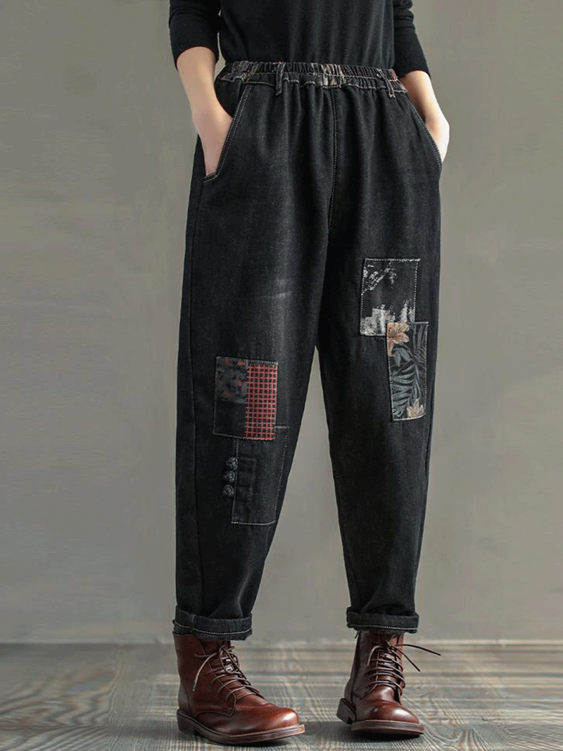 Pantalones deportivos negros de mezclilla con cintura elástica de patchwork