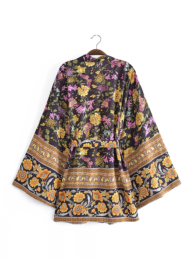Short Floral Print Black Color Polyester Short Length Gown Robe Kimono Duster Robe
