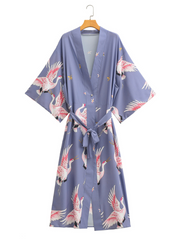 Kimono largo con estampado floral de pájaros, vestido de playa, kimono largo de playa