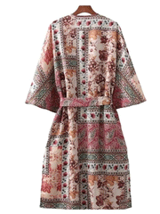 Partywear Long Kimono Floral Print Red Polyester Long Length Gown Kimono Duster Robe
