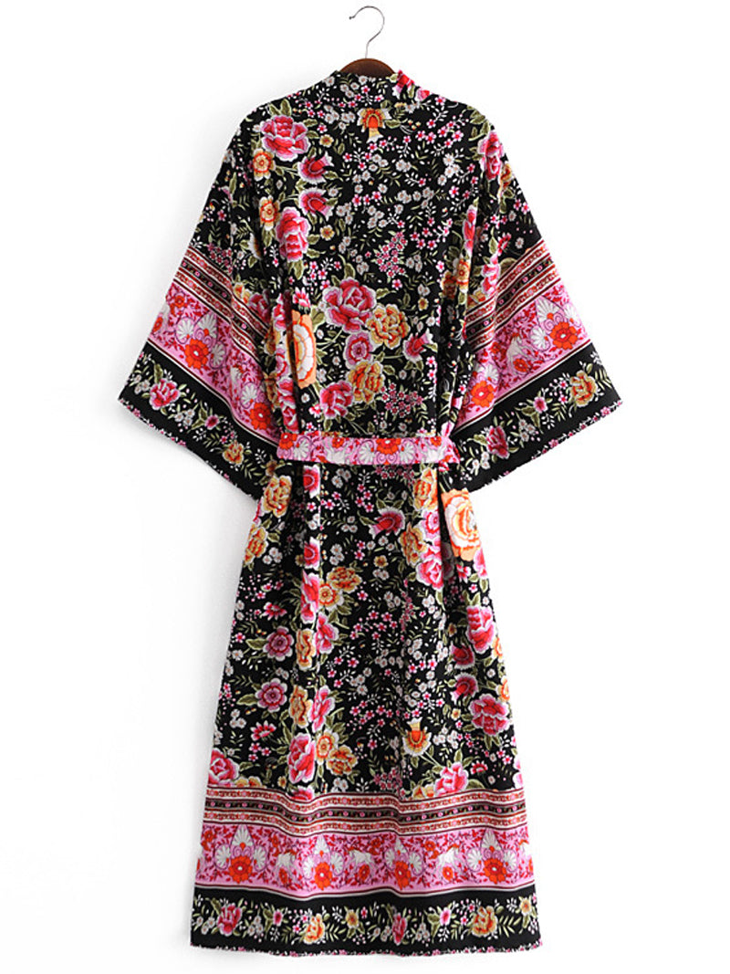 Partywear Floral Print Black Color Cotton Long Length Gown Kimono Duster
