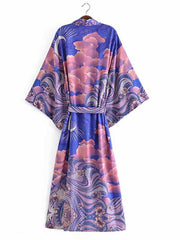 Summer Partywear Floral With Moon Print Purple  Color Silk Long Length Gown Kimono Duster Robe