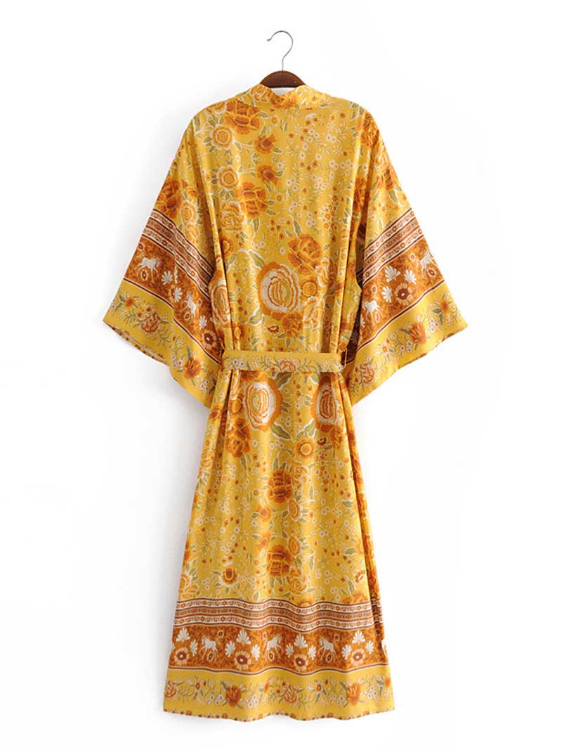 Swimwear Floral Printed Yellow Color Long Kimono Gown Duster Robe
