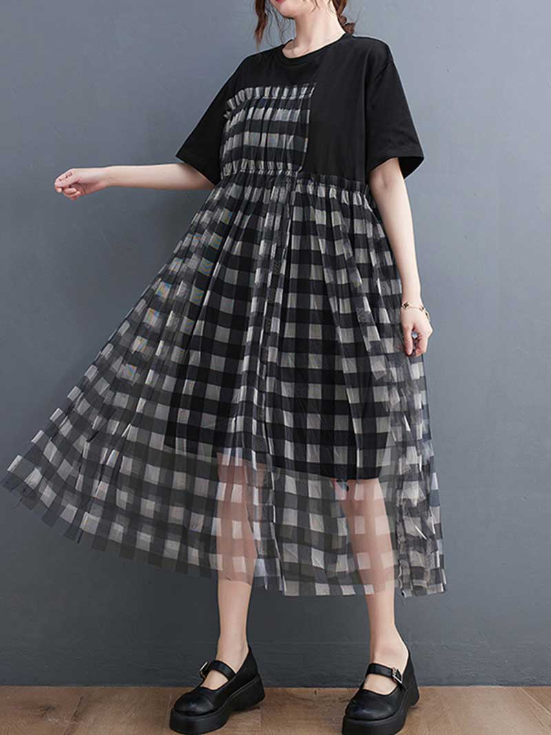 Plaid Round Neck Short Sleeves Smock Dress