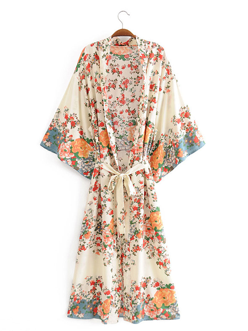 Kimono de playa con estampado floral bohemio, color beige, de algodón, largo hasta el suelo, bata estilo kimono