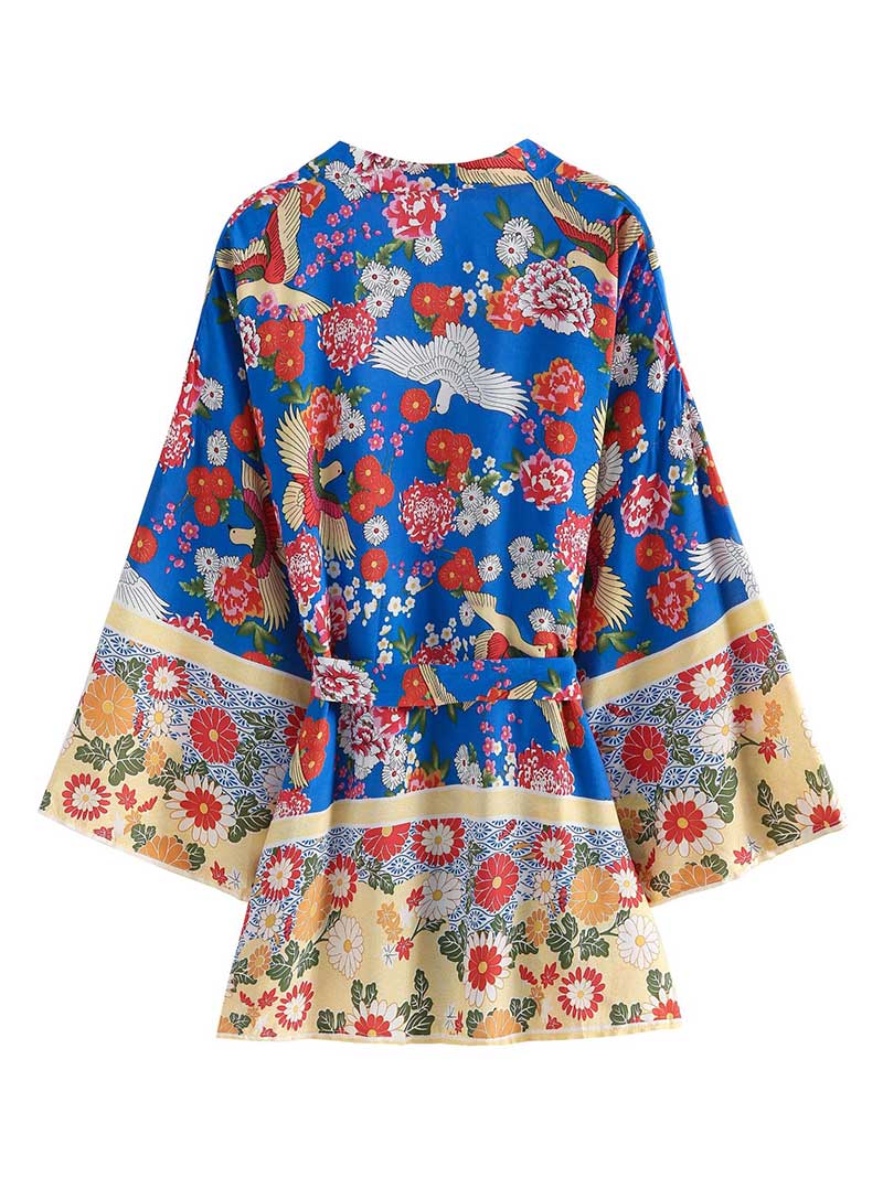 Nightwear Floral With Birds Print Short Length Kimono Gown Duster Robe