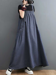 Plain Denim Salopette Overall A-Line Dress