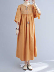 Embroidered Polyester Round-Neck A-Line Dress