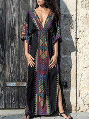 Bohemian Print Cotton Short Sleeves Kaftan Dress