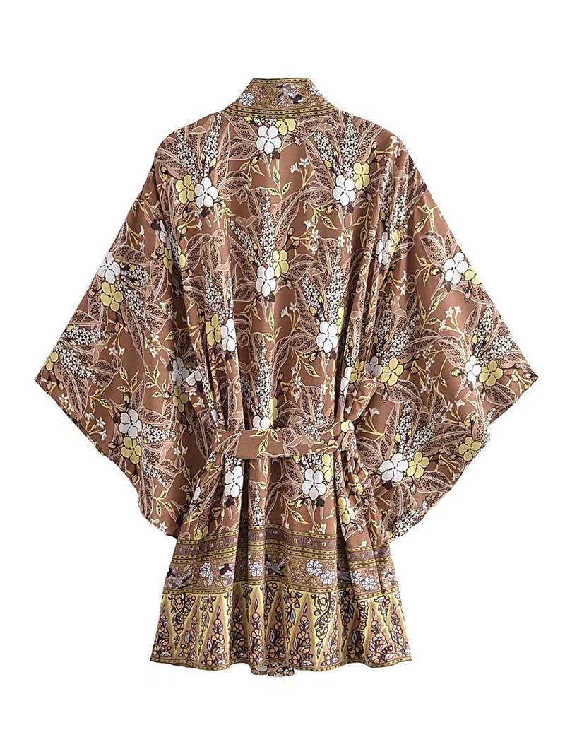 Short Length Rayon Floral Print Coffee Color Gown Kimono Duster Robe