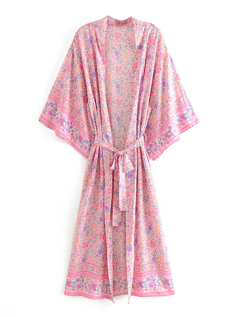 Bata tipo kimono de algodón rosa con estampado floral y largo hasta la rodilla para fiesta y playa