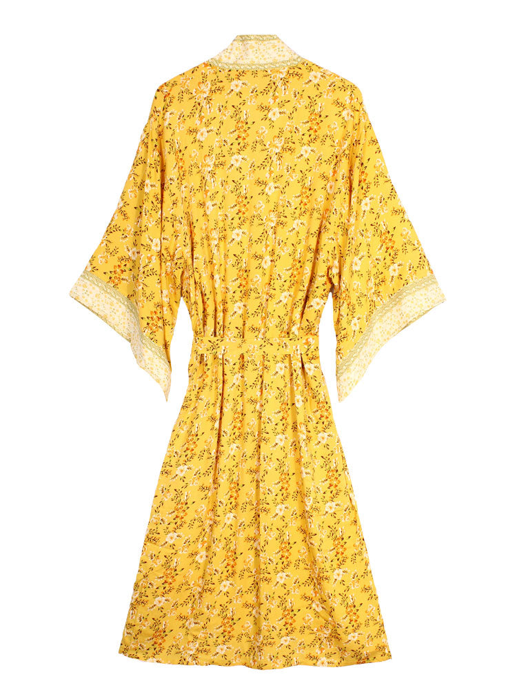 Vestido de fiesta nupcial con estampado floral, color amarillo, de algodón, largo hasta el suelo, bata tipo kimono