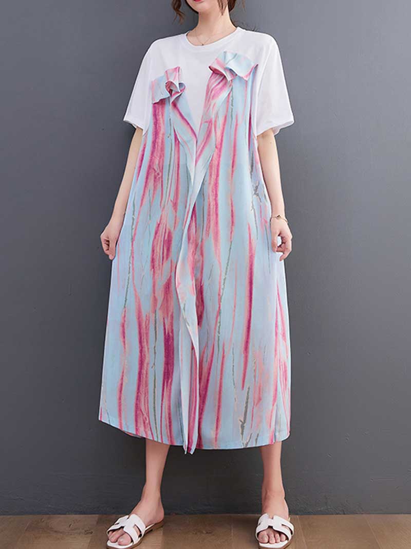 Cotton Tie-Dye Print Short Sleeves Midi Dress