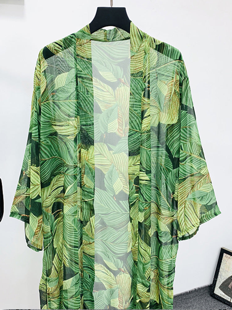 Bata tipo kimono de poliéster con estampado de hojas, color verde, para fiesta de picnic, larga, estilo plumero