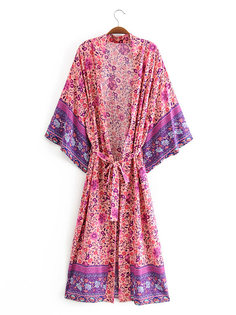 Brautmode Lange Länge Blumendruck Lila Farbe Baumwolle Kleid Kimono Robe