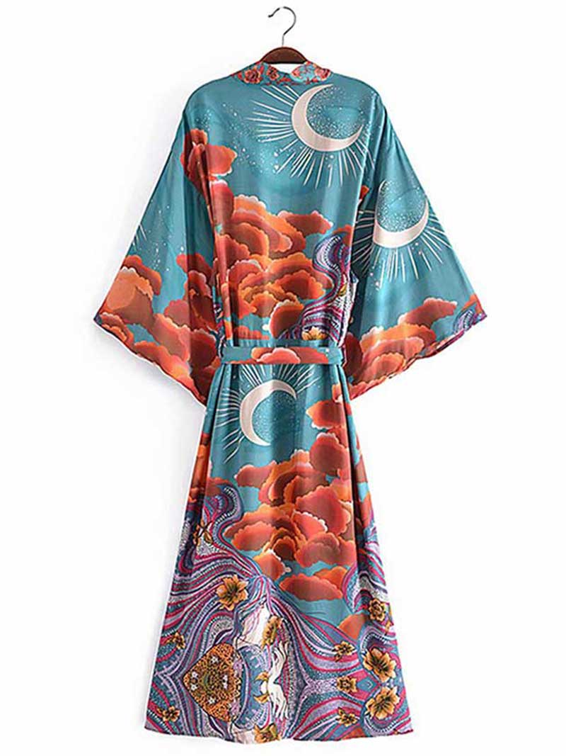 Partywear Floral With Moon Print Green Color Silk Long Length Gown Kimono Duster Robe