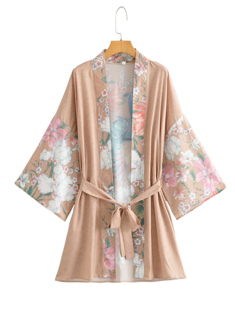 Short Length Floral + Peacock Print Khaki Color Polyester Gown Kimono Duster Robe