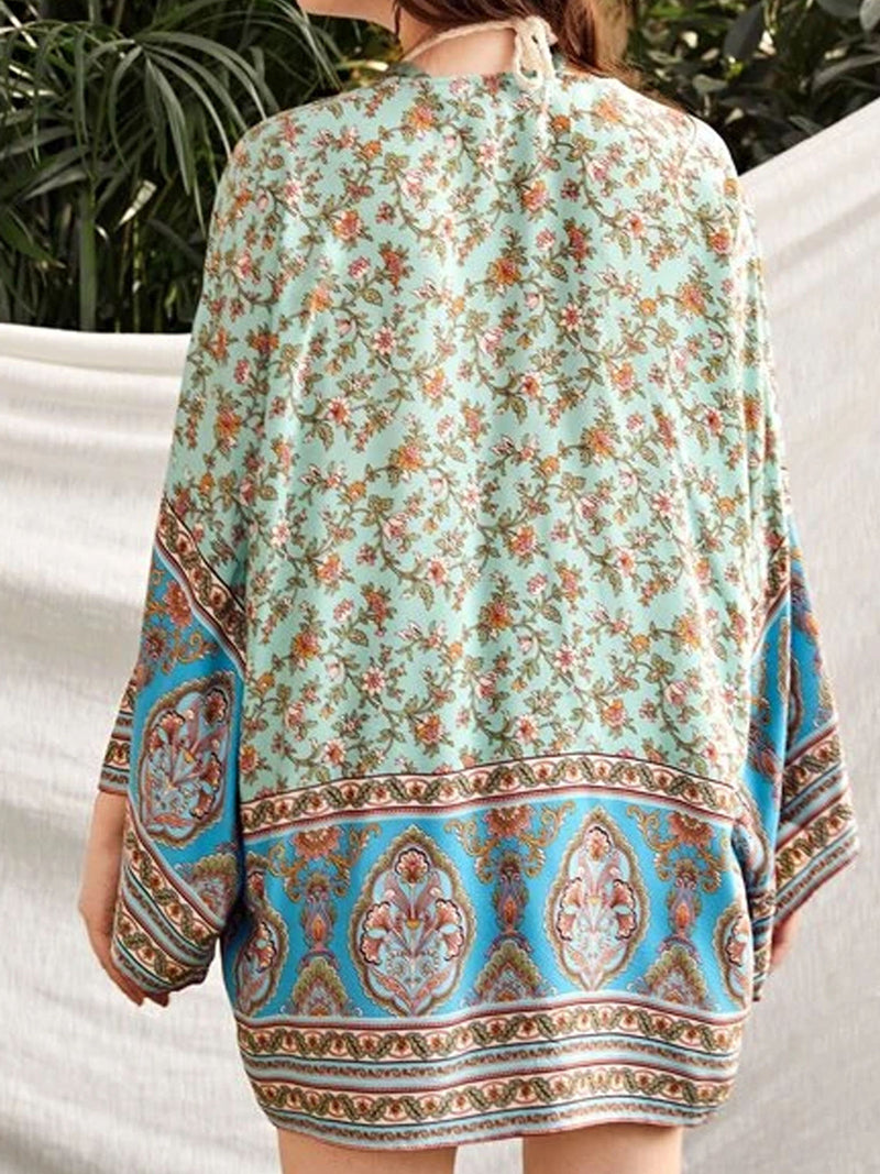 Partywear Cotton Paisley Floral Print Green Color Short Length Gown Kimono Duster Robe