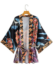 Short Gown Kimono Floral Print Multicolor Polyester Gown Kimono Duster Robe