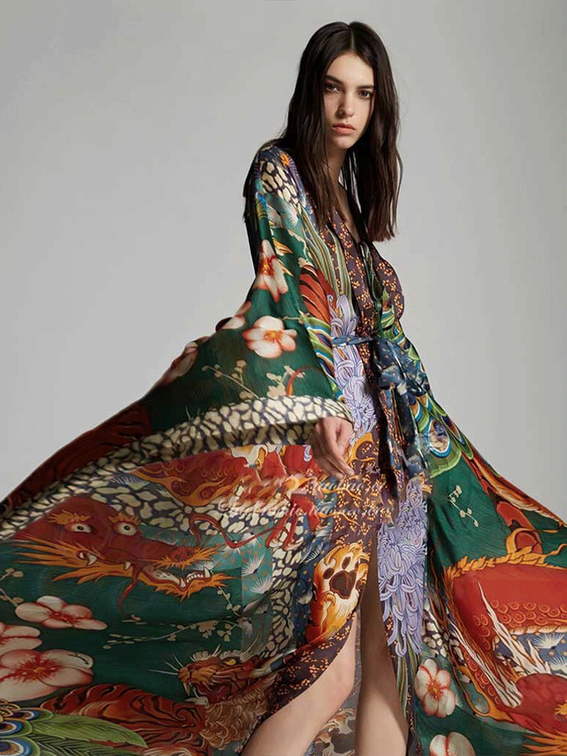 Partywear Peacock Print Polyester Long Kimono Duster