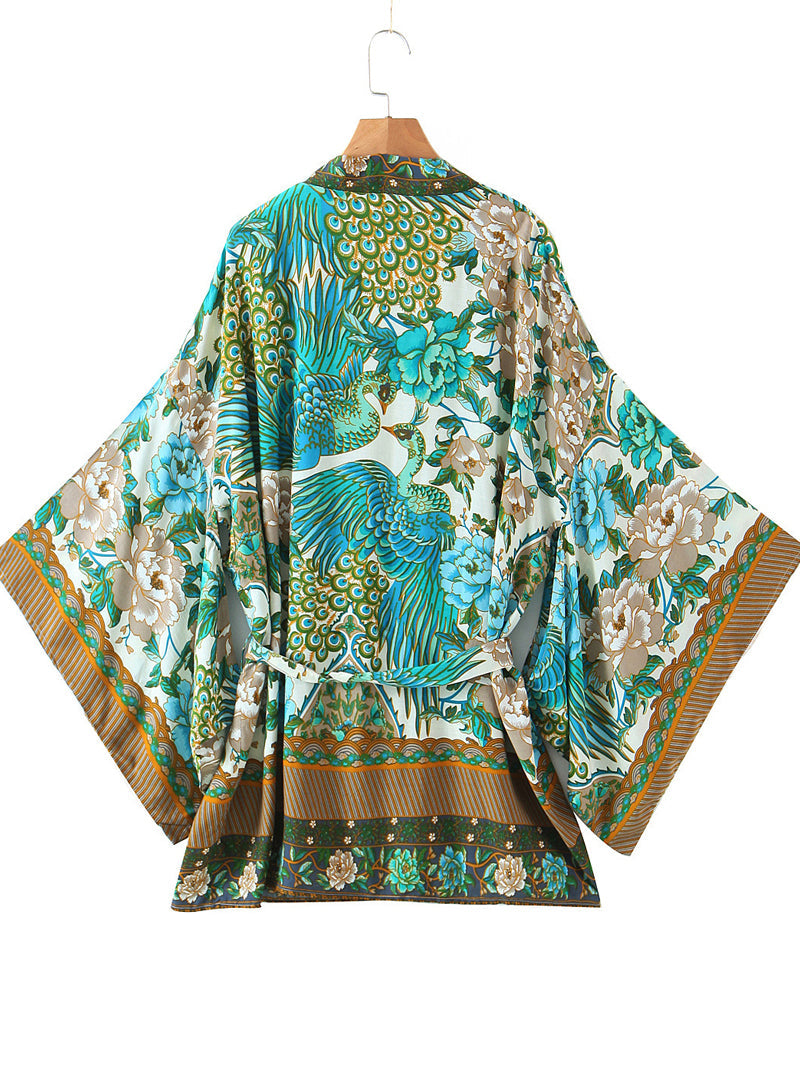Kimono Floral Birds Print Green Color Cotton Short Length Gown Kimono