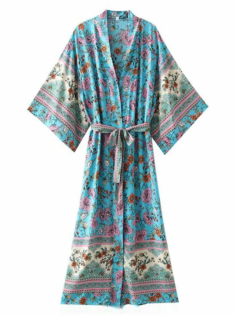 Bedrucktes blaues Baumwoll-Langkleid, Kimono-Staubmantel 