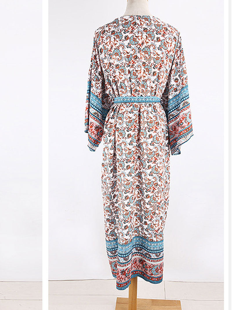 Long Floral Print Blue Color Cotton Long Length Gown Kimono Duster Robe