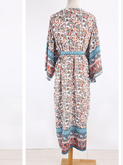 Long Floral Print Blue Color Cotton Long Length Gown Kimono Duster Robe