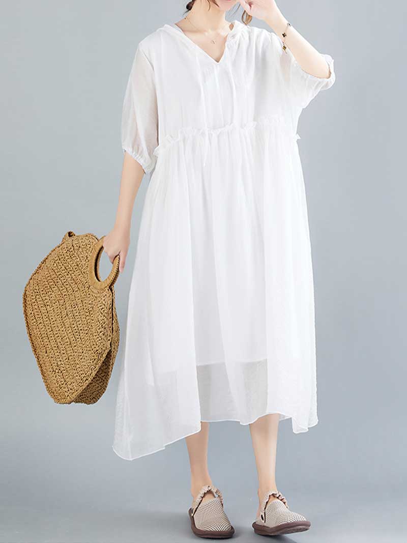 Plain Cotton Short Sleeves Hooded Style A-Line Dress