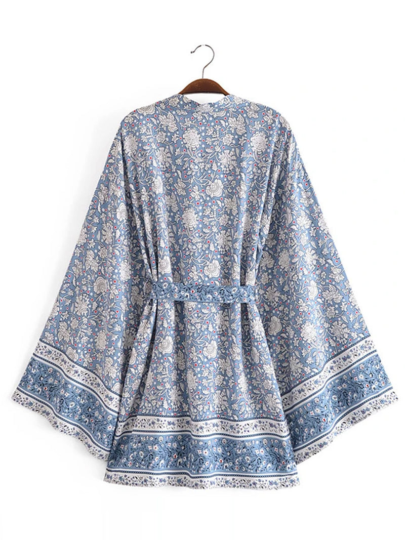 Beachwear Leaf Print Blue Color Cotton Short Length Gown Kimono Duster Robe