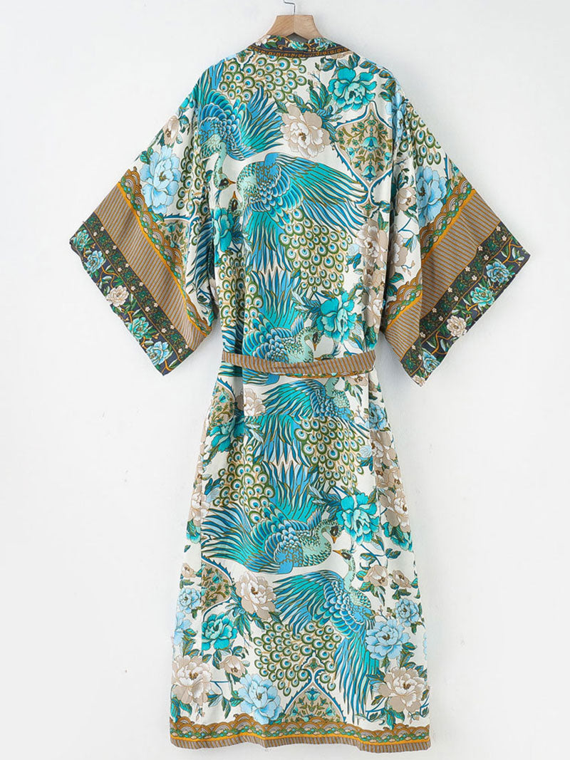 Strandmode Baumwolle Lange Länge Blumen mit Vögeln Print Blau, Weiß &amp; Grün Farbe Kleid Kimono Duster Robe