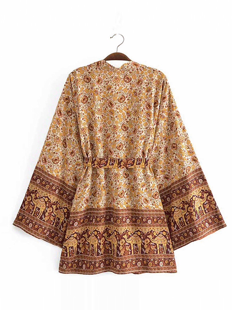 Short Kimono With Floral Print Brown Color Rayon Material Gown Robe Kimono