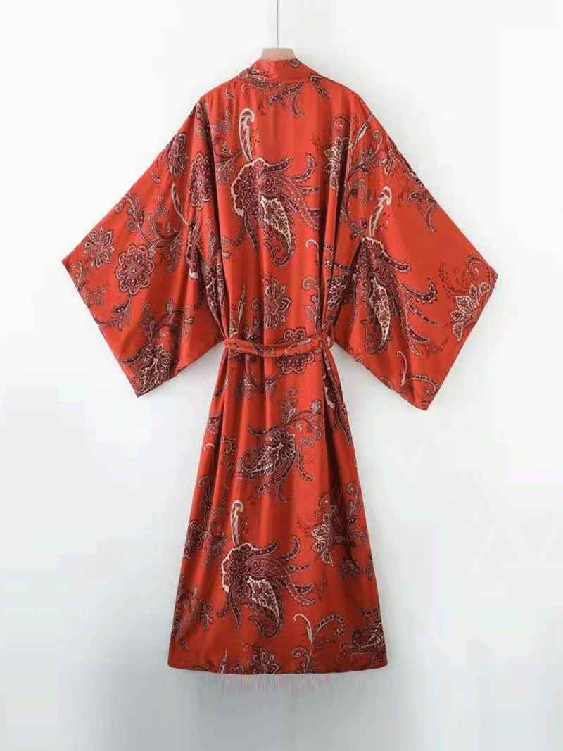 Nightwear Paisley Print Red Color Polyester Long Length Gown Kimono Duster Robe