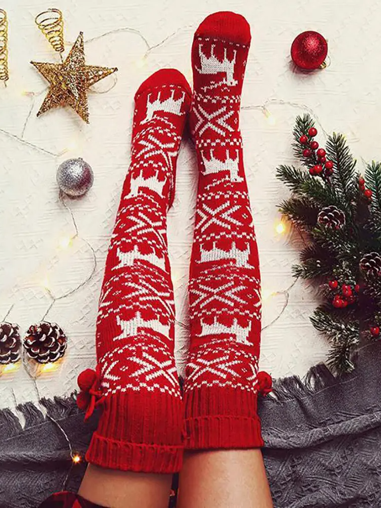 Calcetines navideños con pompones y estampado de copos de nieve de alce