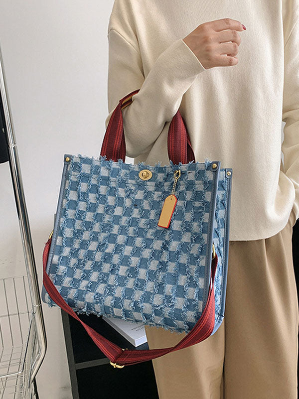 Bolso tote de tela vaquera con estampado de cuadros