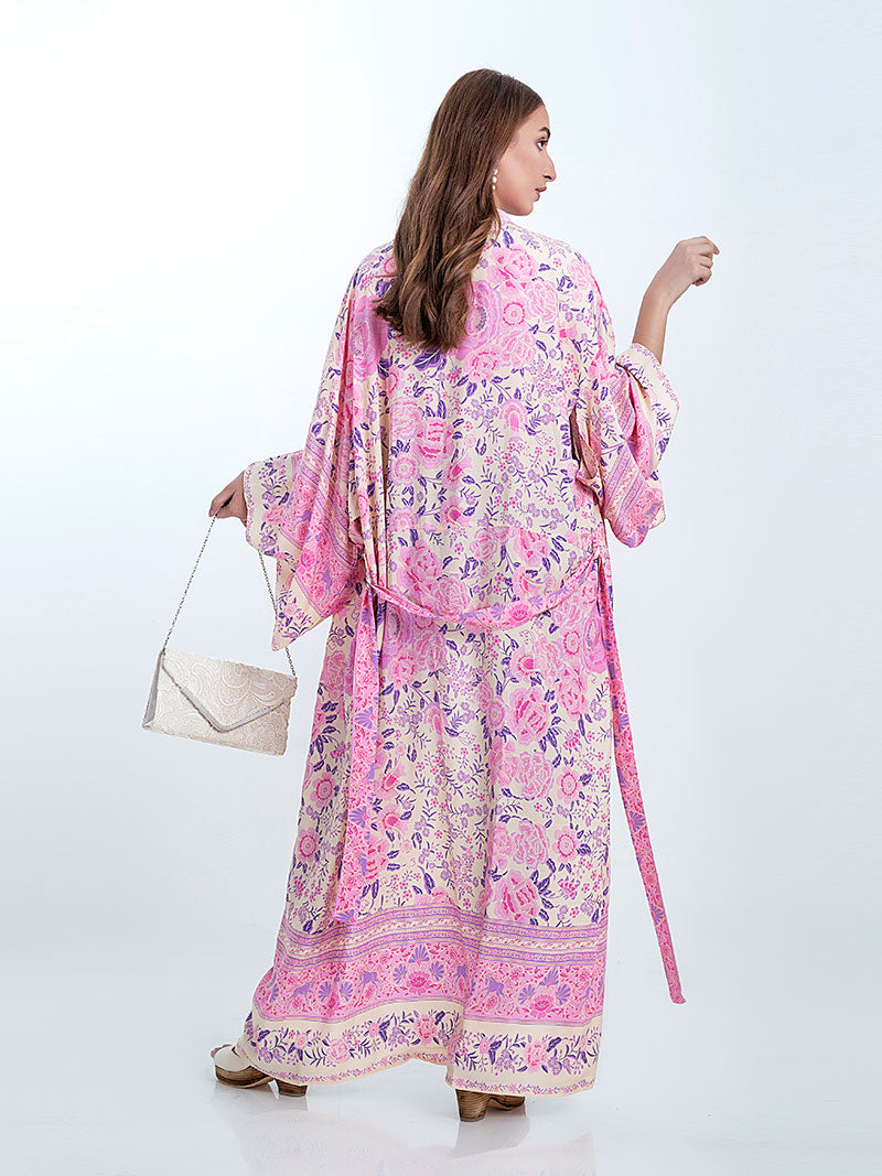 Partywear & Beachwear Floral Print Pink Color Cotton Long Length Gown Kimono Duster Robe