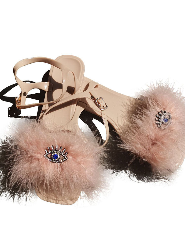 Furry Rhinestone Flat Sandal