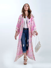 Bata tipo kimono de algodón rosa con estampado floral y largo hasta la rodilla para fiesta y playa