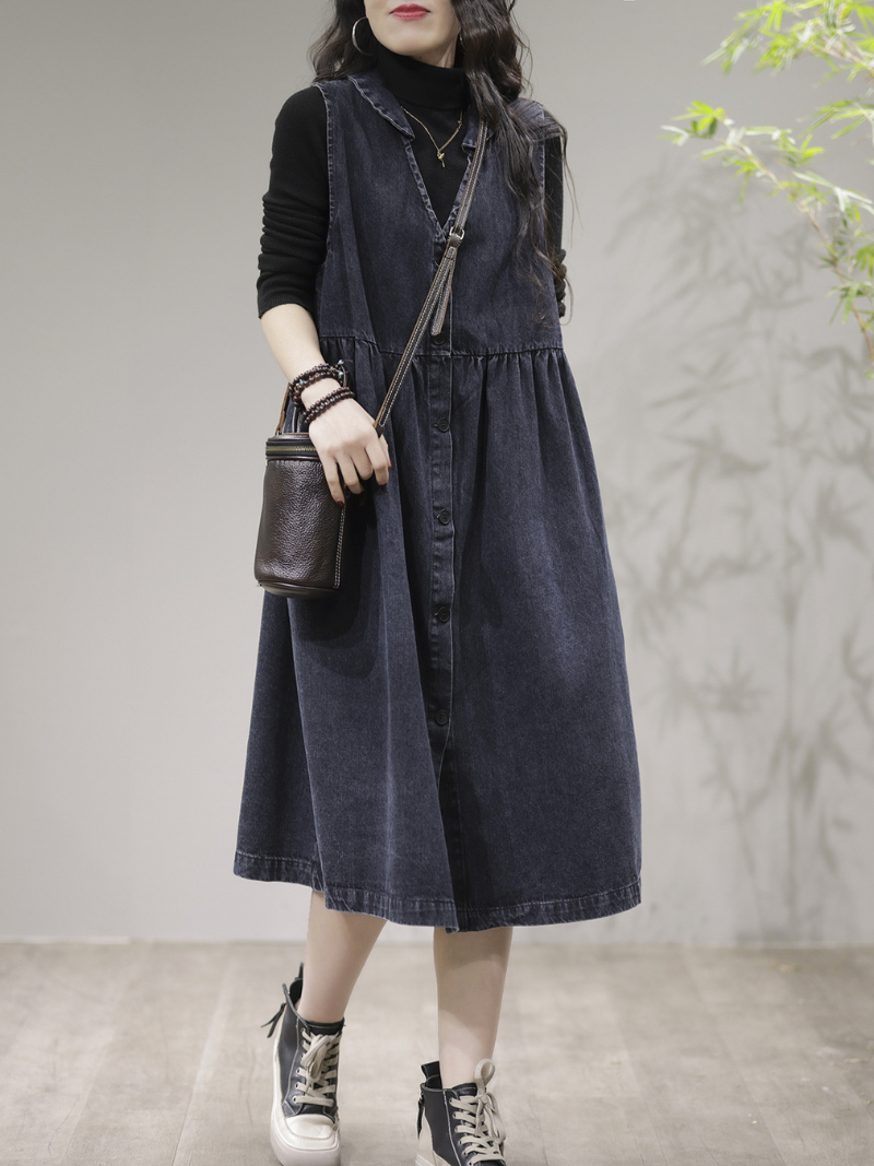 Women Stylish V-Neck Denim Cardigan Style Sleeveless Midi Dress