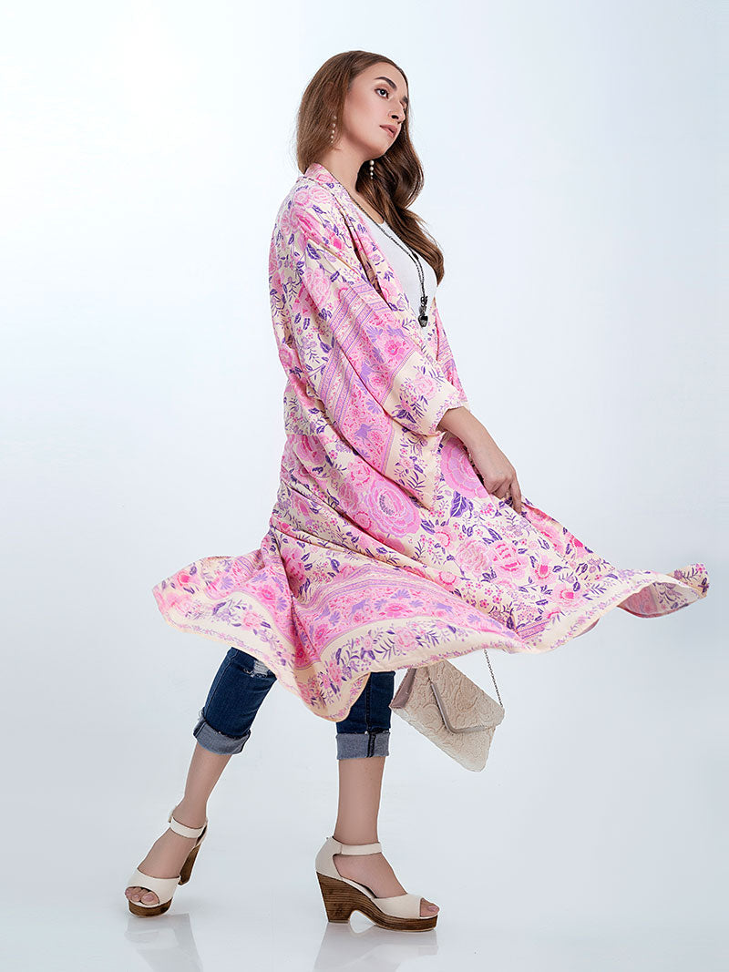 Partywear & Beachwear Floral Print Pink Color Cotton Long Length Gown Kimono Duster Robe