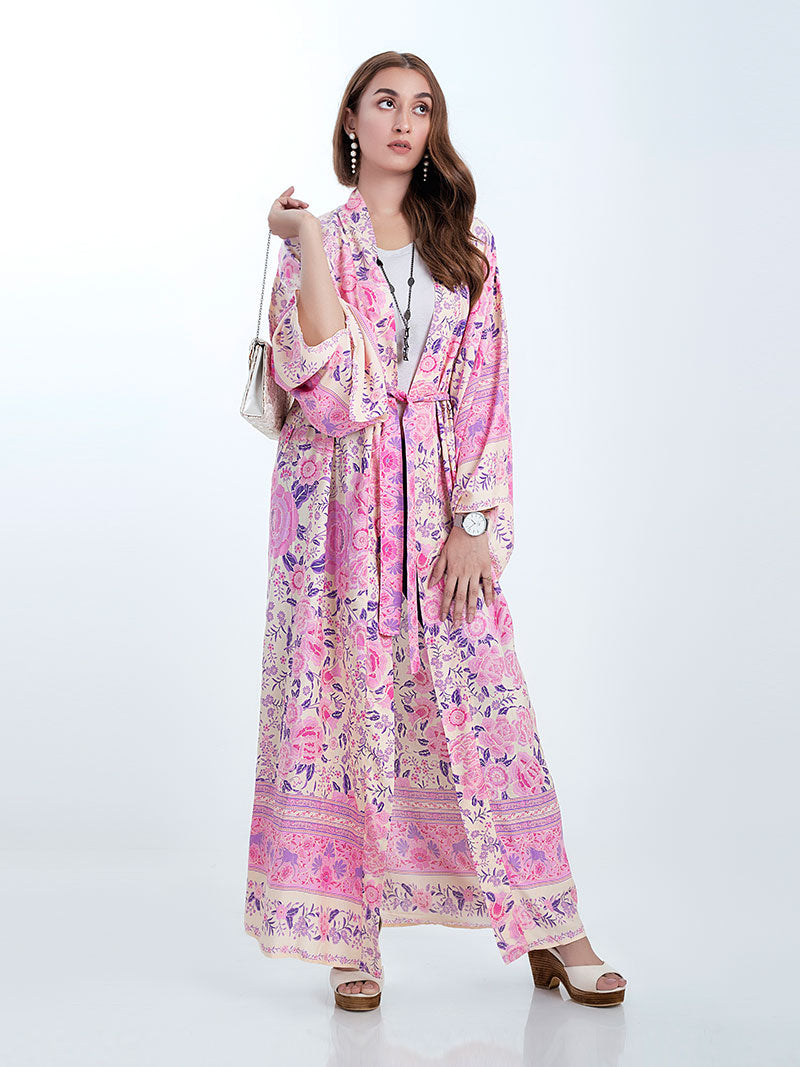 Bata tipo kimono de algodón rosa con estampado floral y largo hasta la rodilla para fiesta y playa