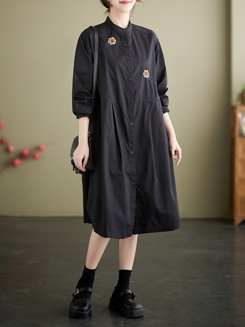 Fashionable Embroided Loose Stand-Up Collar Shirt Dress