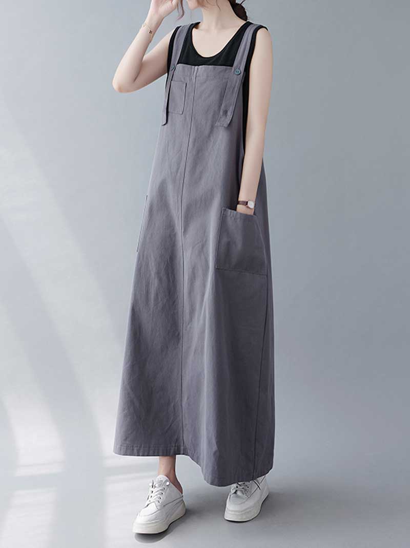 Plain Cotton Sleeveless Pocket Style Salopette Dress