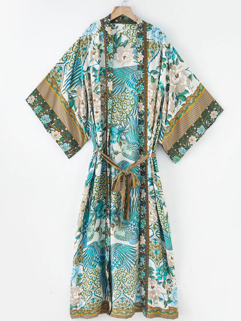 Kimono de playa de algodón largo con estampado floral de pájaros en colores azul, blanco y verde