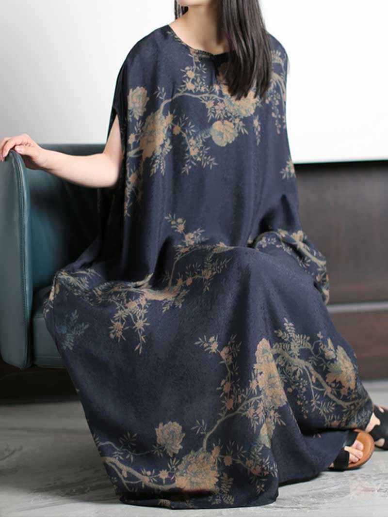 Summer wear Printed Silk Dark-Blue Kaftan Dress