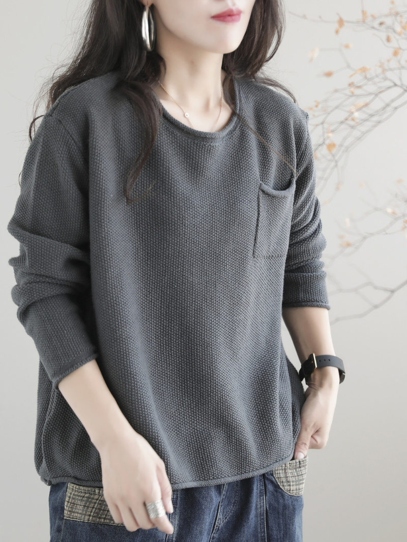 Women Knitted Small Pocket Solid Color Casual Loose Retro Sweater Top