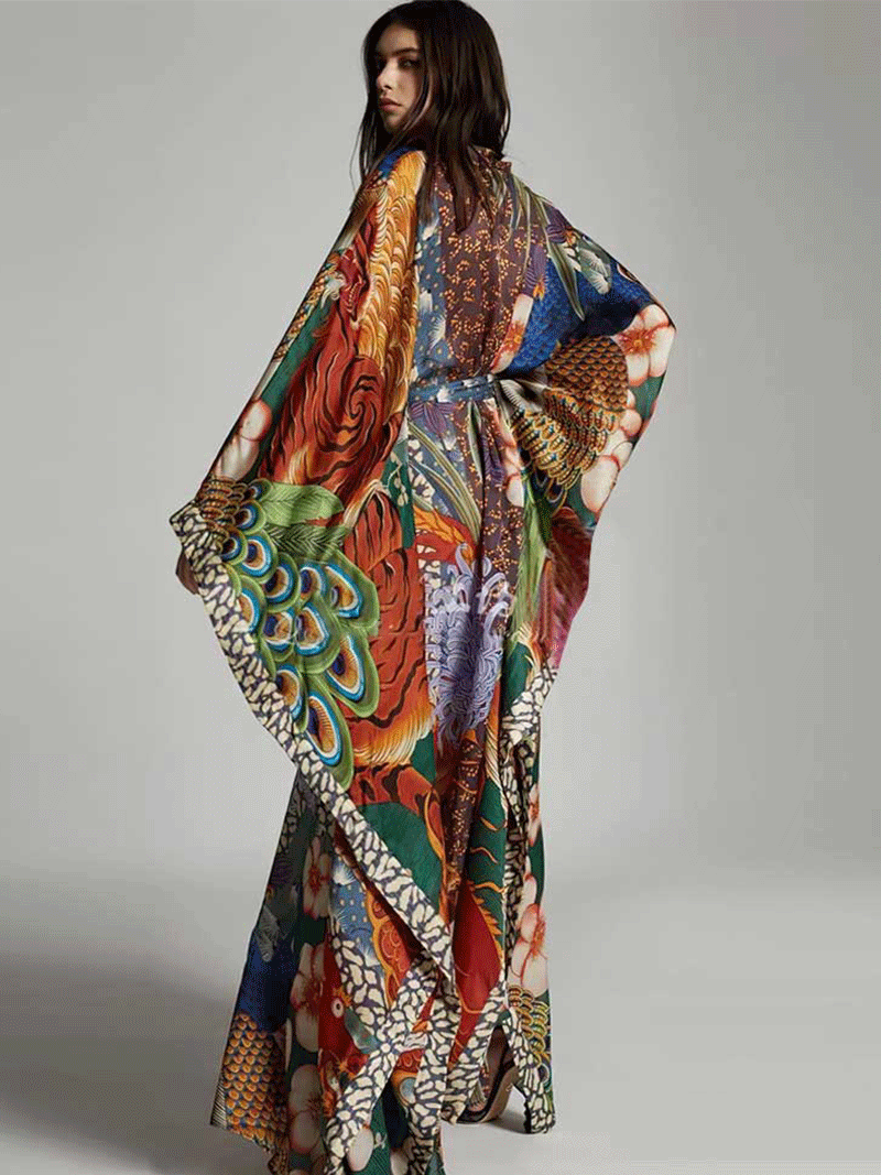 Partywear Peacock Print Polyester Long Kimono Duster