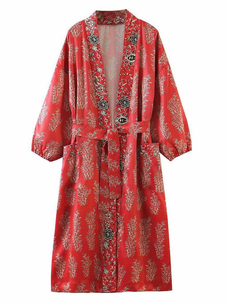 Partywear Floral Print Red Color Polyester Long Length Gown Kimono Duster Robe